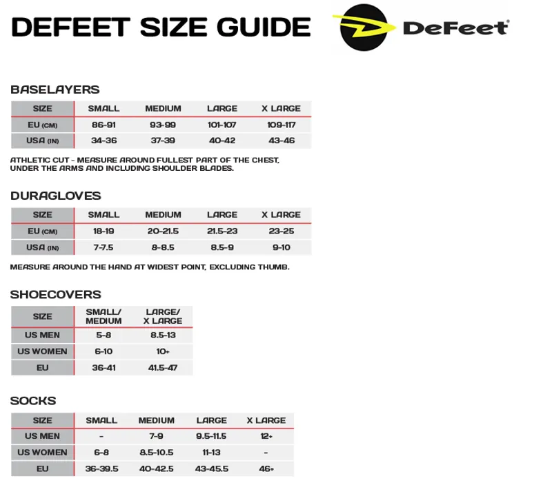 DeFeet Size Guide