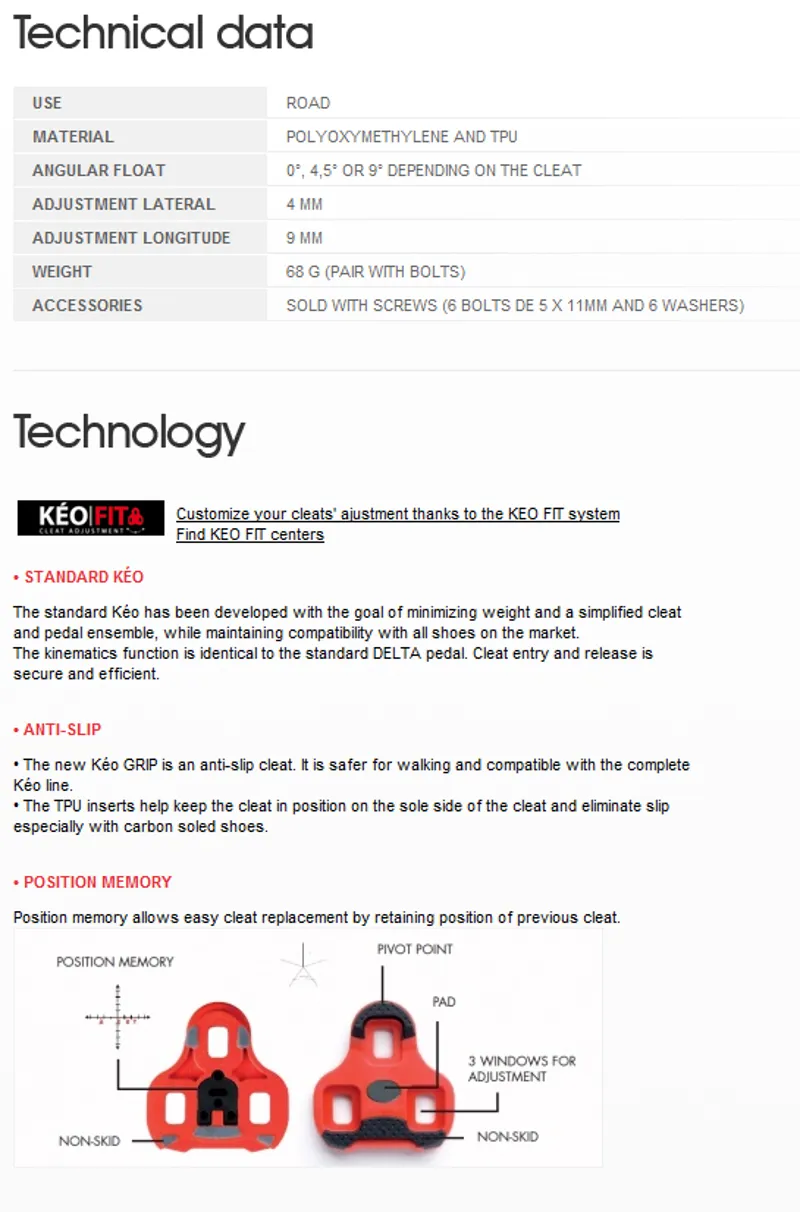 Keo Cleat Technical Data
