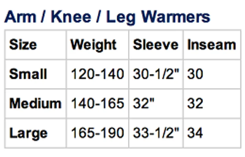 700 Arm Warmer Size Guide