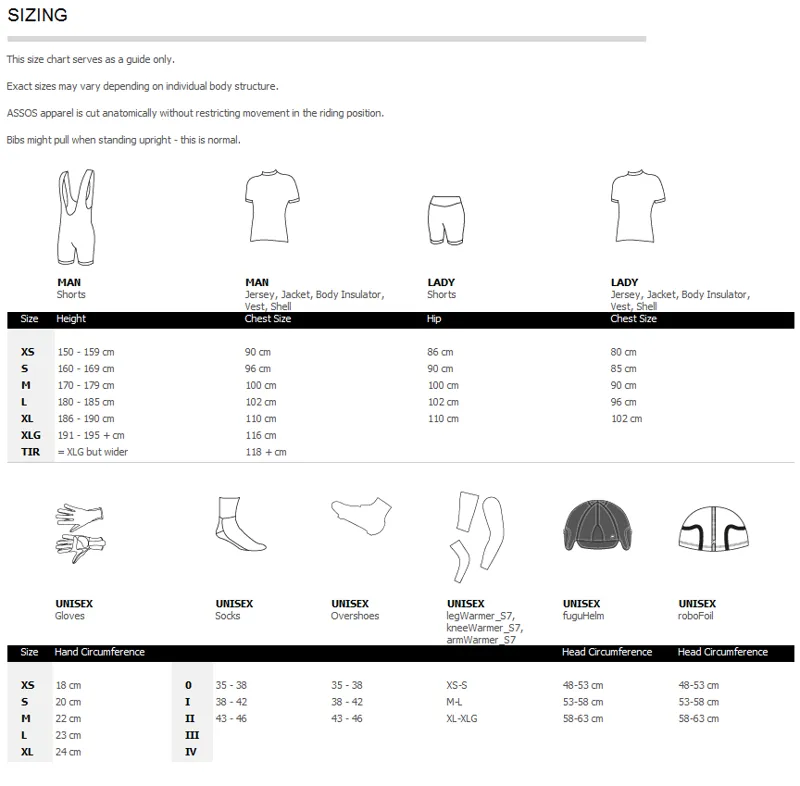 Assos Size Chart