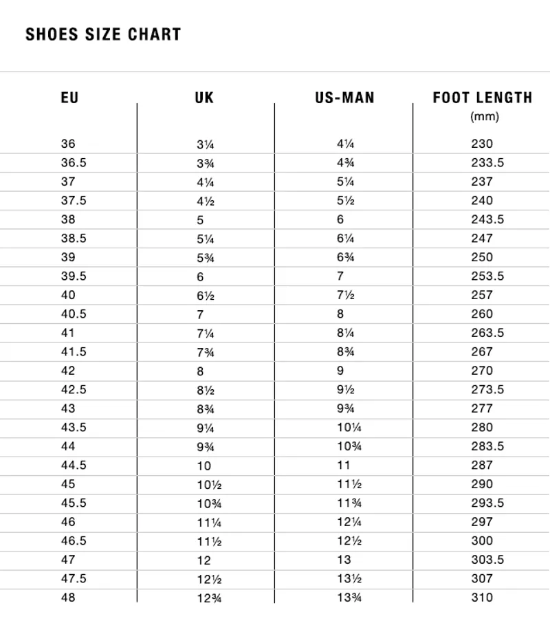 Fizik Road Shoe Size Chart