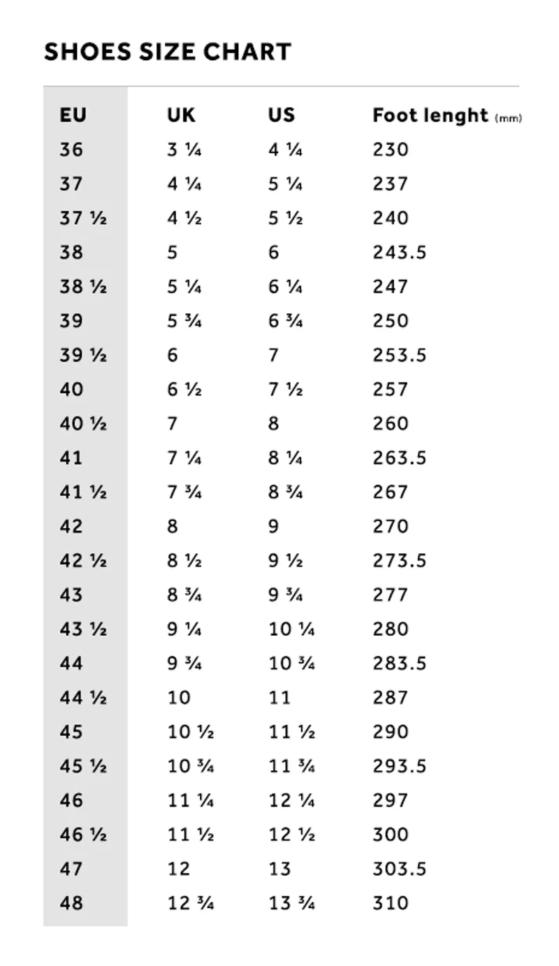 Road Cycling Shoe Size Chart