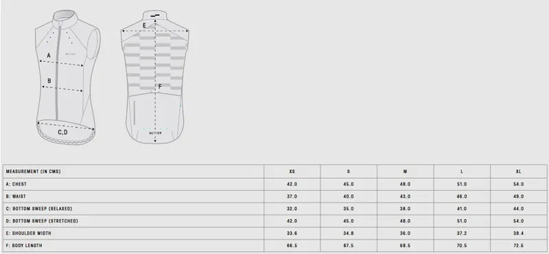 Metier Mens Beacon Gilet Size Guide