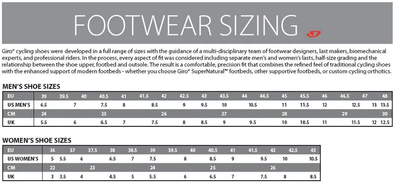 Giro Cycling Shoes Size Chart