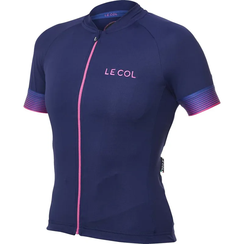 Le Col PRO Womens Short Sleeve Jersey Navy Blue Pink Stripes