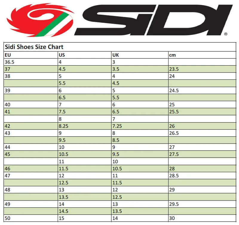 Sidi Bike Shoes Size Chart