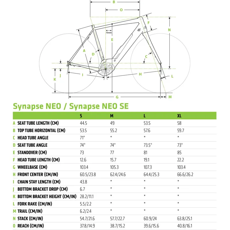 Cannondale Synapse Bike Size Chart